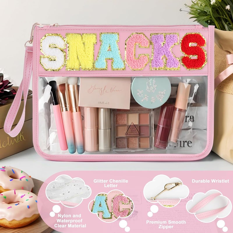 TESAFNG Snack Bag for Travel - Clear Chenille Varsity Letter Flat Pouch with Zipper, 12.2×8.46 inch Waterproof Clear Nylon Preppy Patch Makeup Cosmetic tote Bags for Women Girls - Image 3